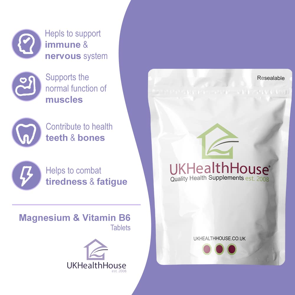 UKHealthHouse Magnesium + Vitamin B6-90 Strong Micro Vegan Tablets - Cramp Stress Fatigue - Immune System Bone Muscle Teeth Health - MAGNEZ + VIT B6 Tabs Magne b6