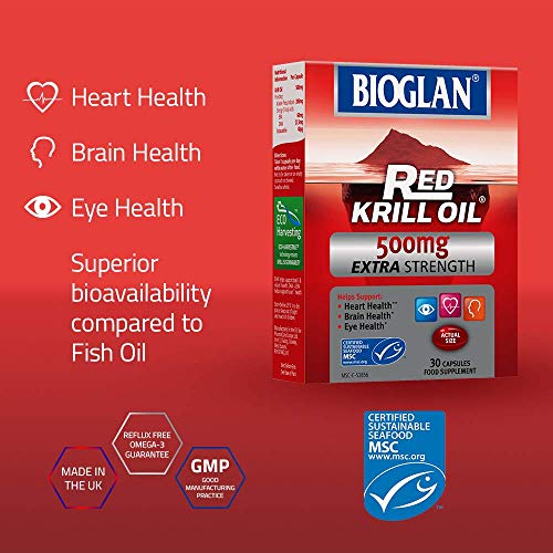 Bioglan Red Krill Oil Extra Strength 500mg, high in Omega-3 Fish Oil, EPA & DHA help to support for your Heart, Eye and Brain health, one month supply – 30 capsules