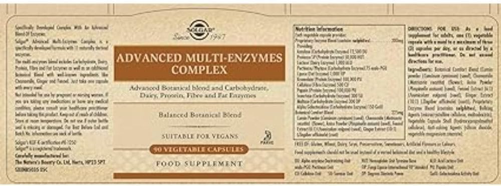 Solgar Advanced Multi-Enzymes Complex - 90 Vegetable Capsules Gold