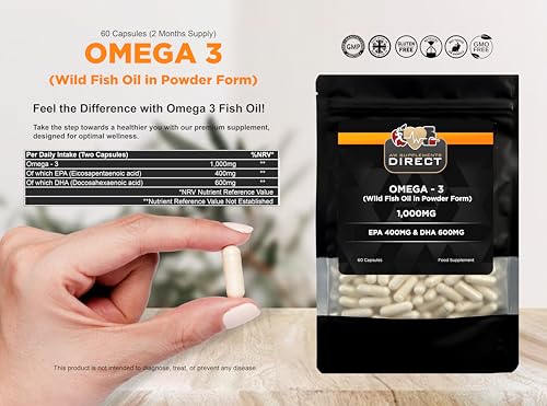 AW Supplements Direct AW Omega 3 | 60 Omega 3 Capsules High Strength 1000mg Wild Fish Oil per Serving | Fish Oil Omega3 Capsules EPA 400mg & GHA 600mg | Non-GMO & Gluten Free | Made in The UK