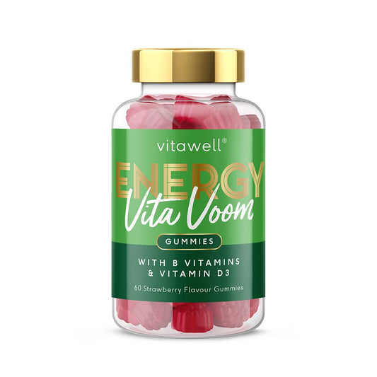 Vitawell Energy Vita Voom Gummies | 60 Strawberry Flavour | 2 a Day Chewable Vitamins | Vitamins B6, B12 and Niacin Contribute to The Reduction of Tiredness & Fatigue | 1 Month Supply | by Vitawell
