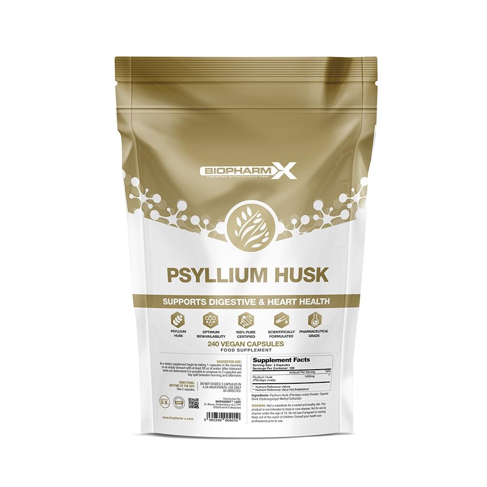 Biopharm-X Psyllium Husk Capsules 1400mg per Serving (240 Vegan Capsules) Natural Fibre Supplement for Healthy Digestion, Regularity & Gut Health/High Fiber Source
