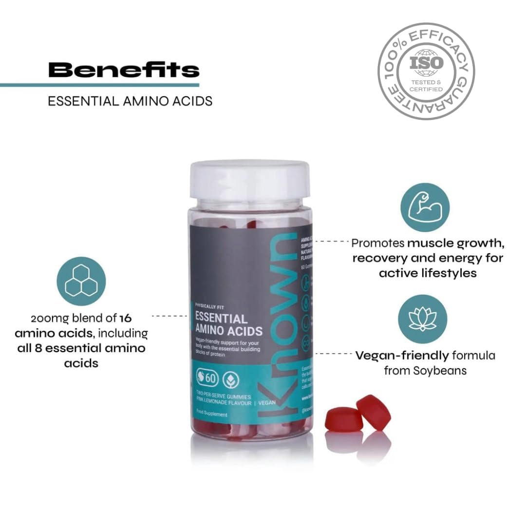 Essential Amino Acid (EAA) Gummies by Known Nutrition | Essential Support for Muscle Growth, Recovery, and Energy | Delicious Pink Lemonade Flavour | 60 Two-Per-Serve Gummies (Two Month’s Supply)