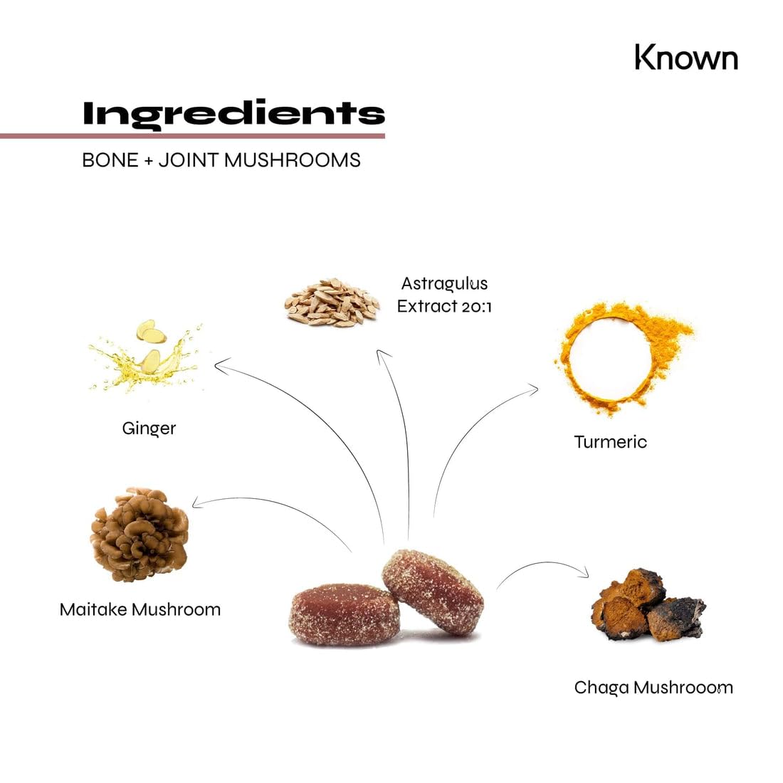 Known Bone & Joint Support Mushrooms Gummies with Maitake, Chaga, Vitamin D3 & K2 | Delicious Natural Blueberry Flavour | 60 Two-a-Day Vegan Gummies (One Month’s Supply)