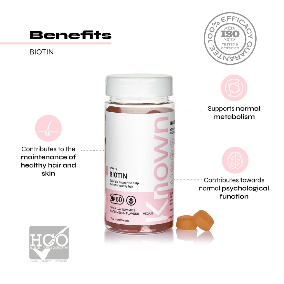 Biotin Gummies 10,000 mcg Watermelon Flavoured by Known Nutrition | for Hair, Skin and Metabolism | Watermelon Flavour | 60 Two-a-Day Vitamin Gummies | 10,000μg of Biotin per Serving (Pack of 1)
