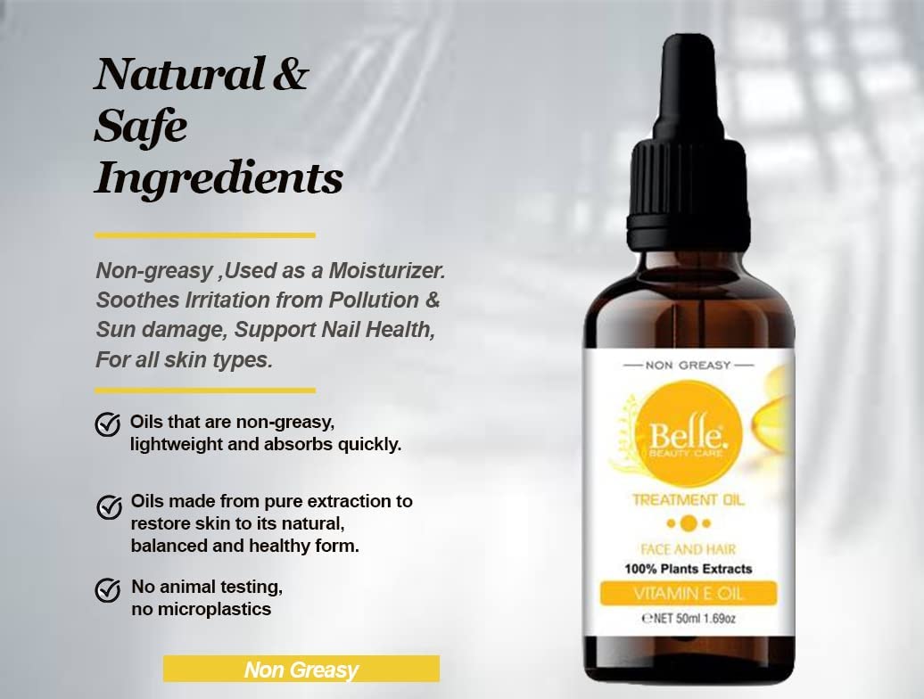 BELLE BEAUTY CARE Vitamin E Oil Non Greasy Face Oil Treatment Dark Spots Face And Hair Oil Normal to Dry Skin Vitamin E Oil 50mL1.69oz By BELLE