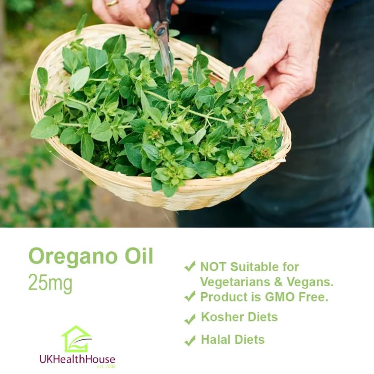 UKHealthHouse Oregano Oil 25mg Capsules Softgel | 18.75mg Carvacrol, Low Thymol | Cold-Pressed Essential Oregano Oil (Origanum Vulgare) | NO Additives (1000 caps)