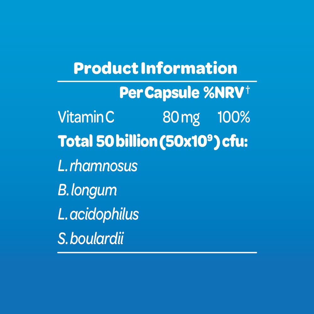 Bioglan Biotic Balance 50 Billion CFU, with Vitamin C for Digestive Health and Immune Support, Super Strength, 4 live strains, fridge free, one month supply - 30 capsules