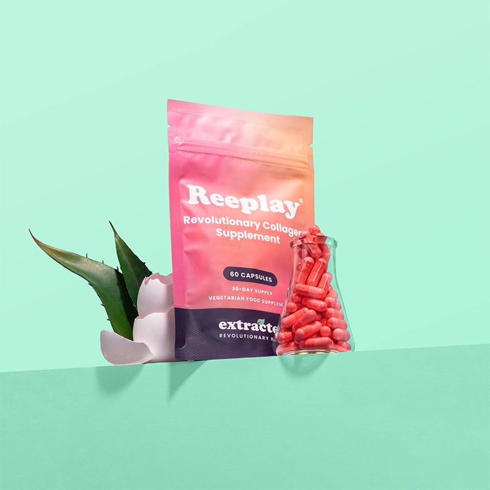 Extracted Reeplay - High Strength Vegetarian Collagen Supplement with Ovoderm Eggshell Membrane, Biotin & Hyaluronic Acid, Supports Glowing Skin, Strong Hair & Nails, 60 Capsules