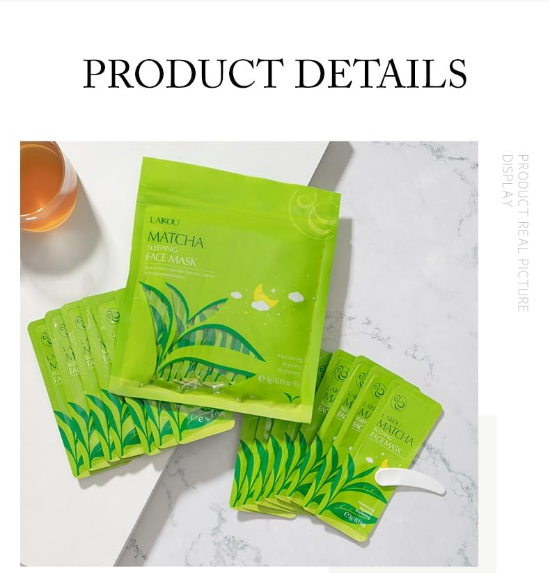 Matcha Tea Sleeping Face Mask Cream, 15 Pack x 3g, Moisturising and Repairing Night Treatment, Green Tea