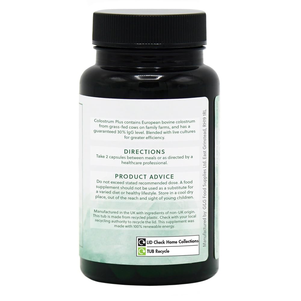 Colostrum Plus Capsules - Bovine Colostrum from Grass-Fed Cows - Min 30% IgG Level - 60 Capsules - Non-GMO, Made in The UK - G&G Vitamins