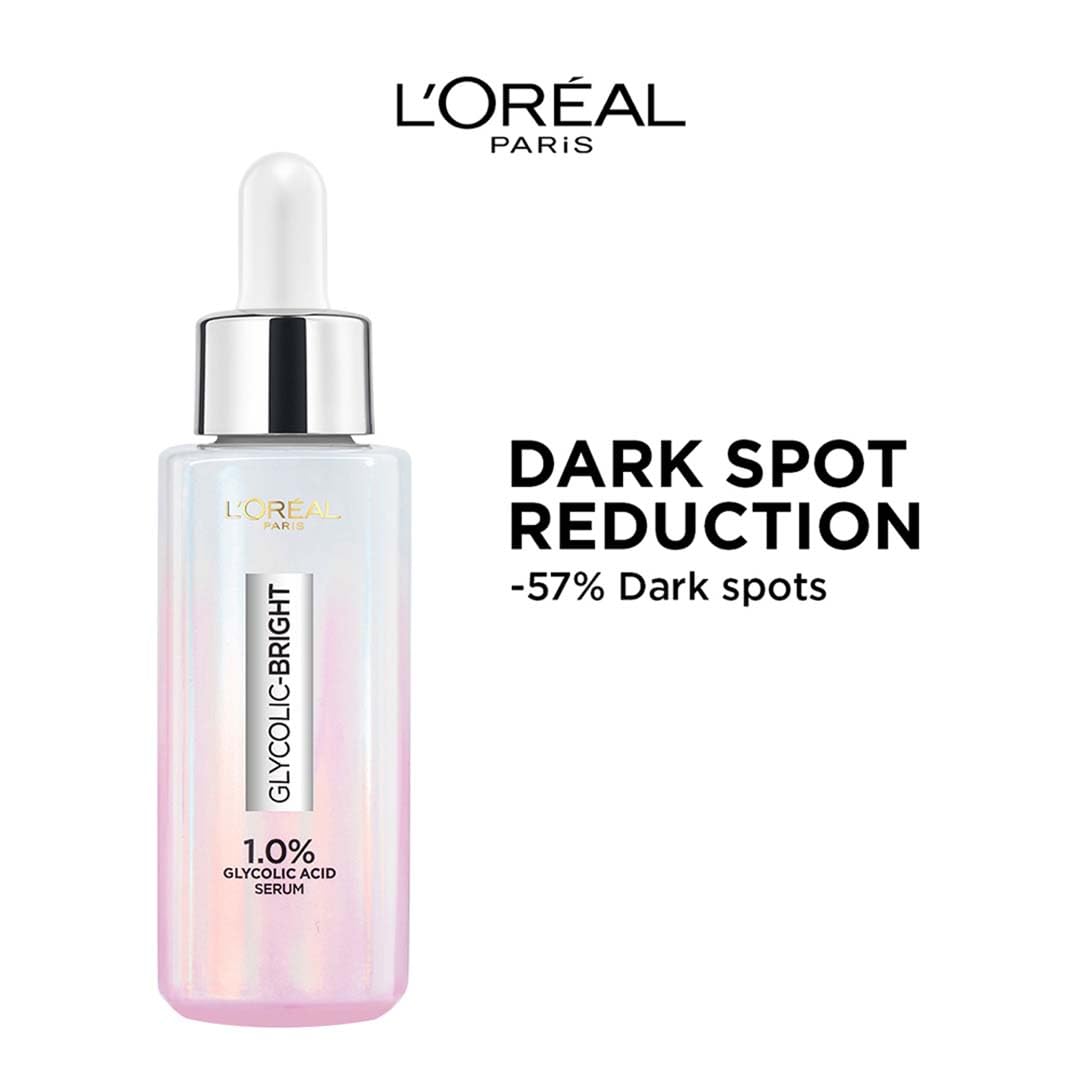 L'Oreal Paris Glycolic Bright Serum, 1% Glycolic Acid, 2% Niacinamide Serum, Visibly Minimizes Spots, Reveals Even Skin Tone, Glycolic Bright Skin, 15ml