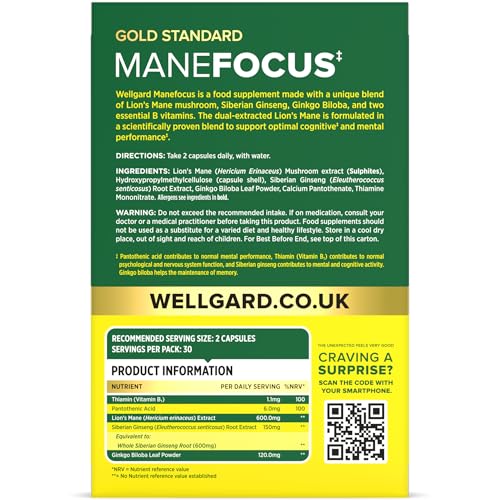 Wellgard Manefocus – High Absorption Lions Mane Supplement for Mental Performance, Brain Health, Memory, Clarity, 60 Capsules