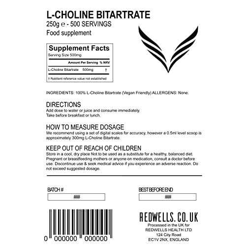 Choline Bitartrate Powder REDWELLS Cognitive Enhancer GMO Free Vegan - 250g Pack