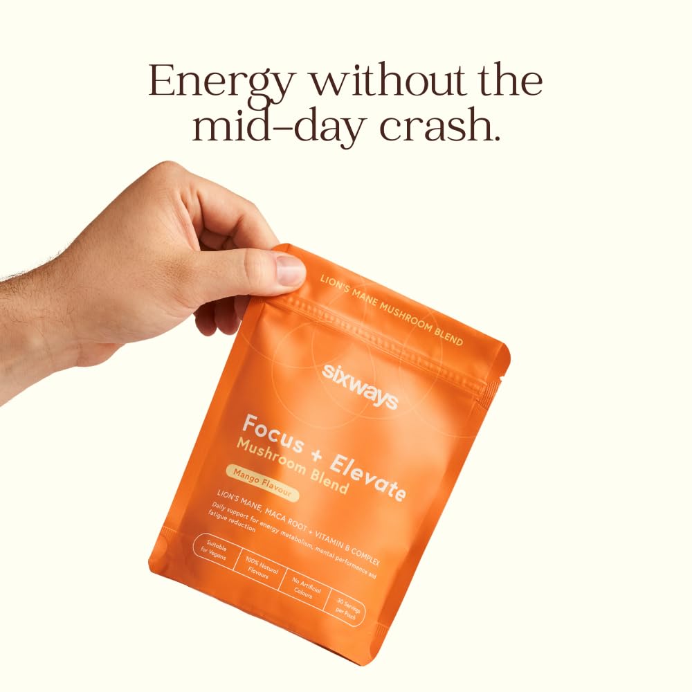 Sixways Lion's Mane Mushroom Powder, Mango, High Strength Lion's Mane, 30 Servings (150g), Sixways Focus & Elevate, Maca Root Mushroom Blend, Maca Root, Nootropics, Vitamin B12, Vegan