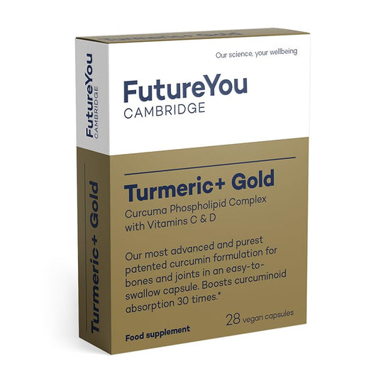 Turmeric+ Gold Supplement – 28 Turmeric Capsules High Strength – Curcumin Capsule Patented Meriva Formulation with Vitamins C & D – Turmeric Tablets for Bones, Joints & Muscles by FutureYou Cambridge.