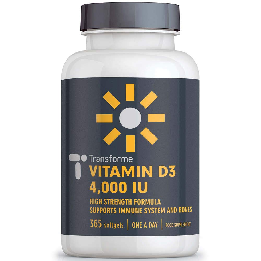 Transforme Vitamin D3 4000 IU, 365 Capsules 1 Year Supply, Maximum Strength High Absorption Softgels, Easy to Swallow Quadruple Strength VIT D3 Cholecalciferol - Not Tablets, Gluten Free