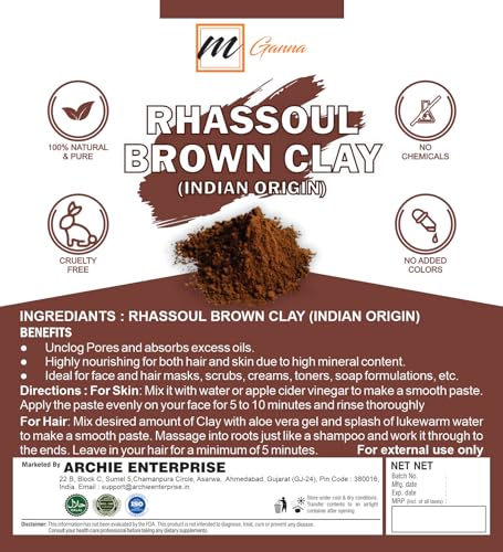 mGanna 100% Natural Rhassoul Clay (Indian Origin) for Anti-Ageing & Skin firming, Hair Masks, Scrubs, Creams and Soap Making 0.5 LBS / 227 GMS (Brown)