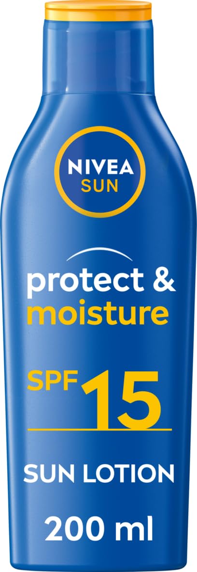 NIVEA SUN Protect & Moisture Sun Lotion SPF 15 (200 ml), Suncream with Vitamin E, Provides 48 Hour Moisture and Immediate UVA & UVB Protection