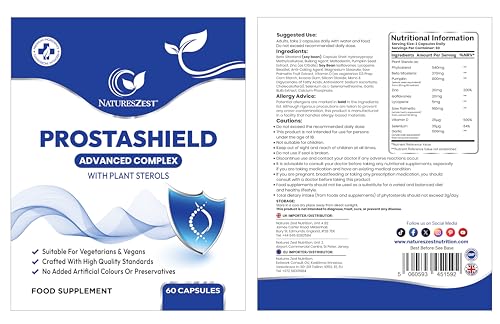 Natures Zest Prostashield Advanced Complex Men’s Health Supplement with Plant Sterols, Pumpkin, Zinc, Selenium & Vitamin D, Vegan Capsules for Immune & Men’s Vitality – 60 Capsules