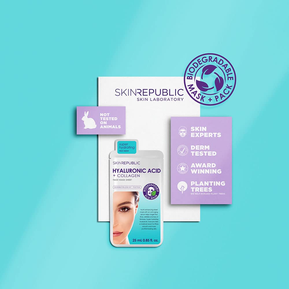 Skin Republic Hyaluronic Acid & Collagen Face Mask, For Younger Looking Skin, Helps with Fine Lines and Wrinkles, Long Lasting Hydration, 25ml TRIO