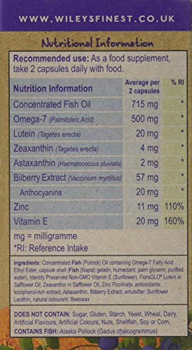 Wiley’s Finest Bold Vision Eye Health and Vision Supplement with Lutein, Zeaxanthin, Bilberry, Omega-7, Astaxanthin plus Vitamin E and Zinc Capsules 60 Count