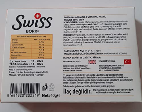 SWISS BORK Orange & Vitamin C Pastilles — Highly Effective to Provide Sore Throat Relief — Ideal Pastille to Get Rid of Throat Inflammation, Dry and Phlegmy Cough (16 PCS)