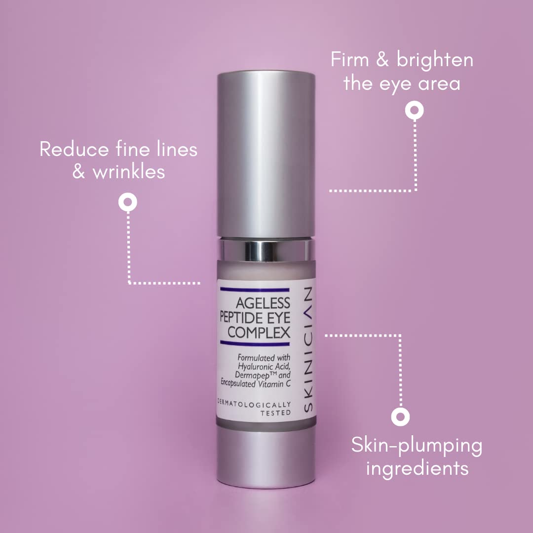 SKINICIAN Ageless Peptide Eye Complex - Anti-Wrinkle Eye Cream with Hyaluronic Acid & Vitamin C - Peptide Serum Eye Cream for Dark Circles - Stimulate Collagen Product - Vegan & Cruelty Free (15ml)