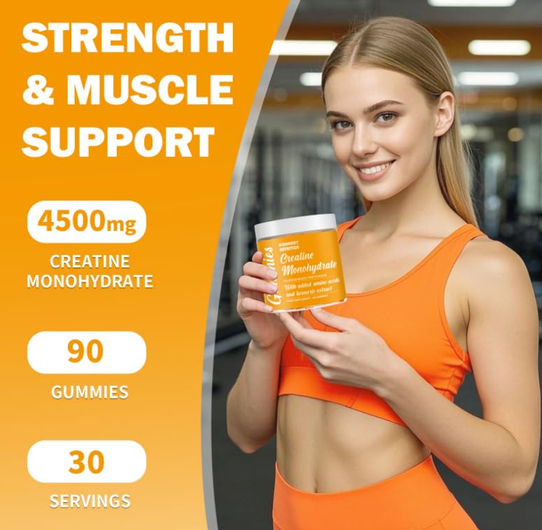 Creatine Monohydrate Gummies, Added 500mg BCAAs and Turmeric Exctract, 4500mg per Serving, Pre-Workout Gym Supplement for Men and Women (1 Month Supply), Mango Twist