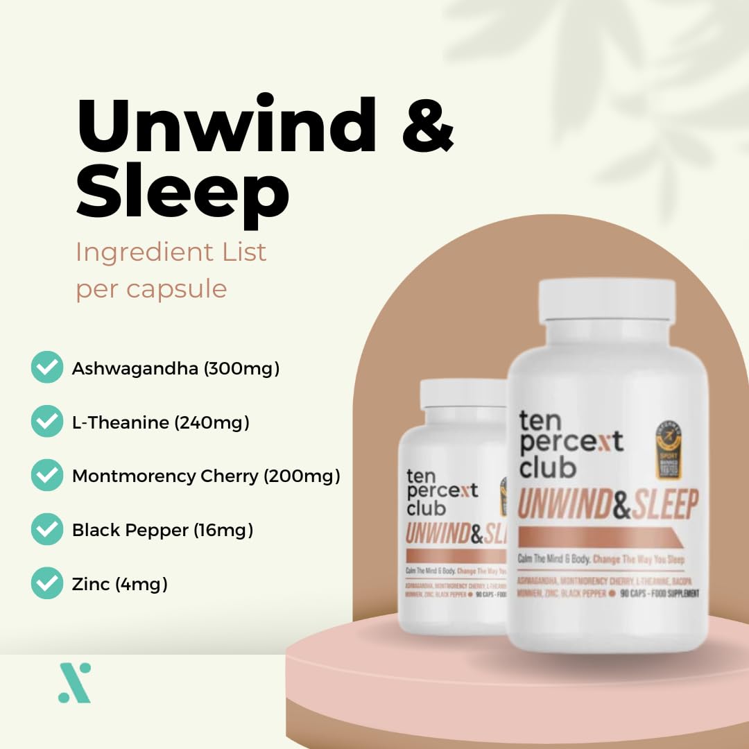 The Ten Percent Club - Unwind & Sleep | Mushroom Complex Capsules | Sleep & Stress Relief Supplement with Ashwagandha, L-Theanine, Bacopa Monnieri, Zinc | Natural Sleeping Aid | 90 Capsules