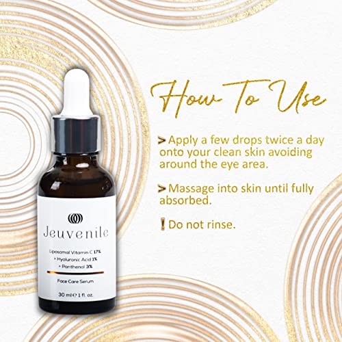 Jeuvenile Vitamin C Serum Hyaluronic Acid and Panthenol skin care, Brightens Skin, Reduces Blemishes, Anti-Aging Nourishing Formula, for All Skin Types, 30ml