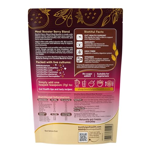 Biotiful Gut Health, Meal Booster, Berry Blend Immunity, Probiotics, Prebiotic Fibre, Source of Vitamins D3 B5 B12, Powder, 30 Servings