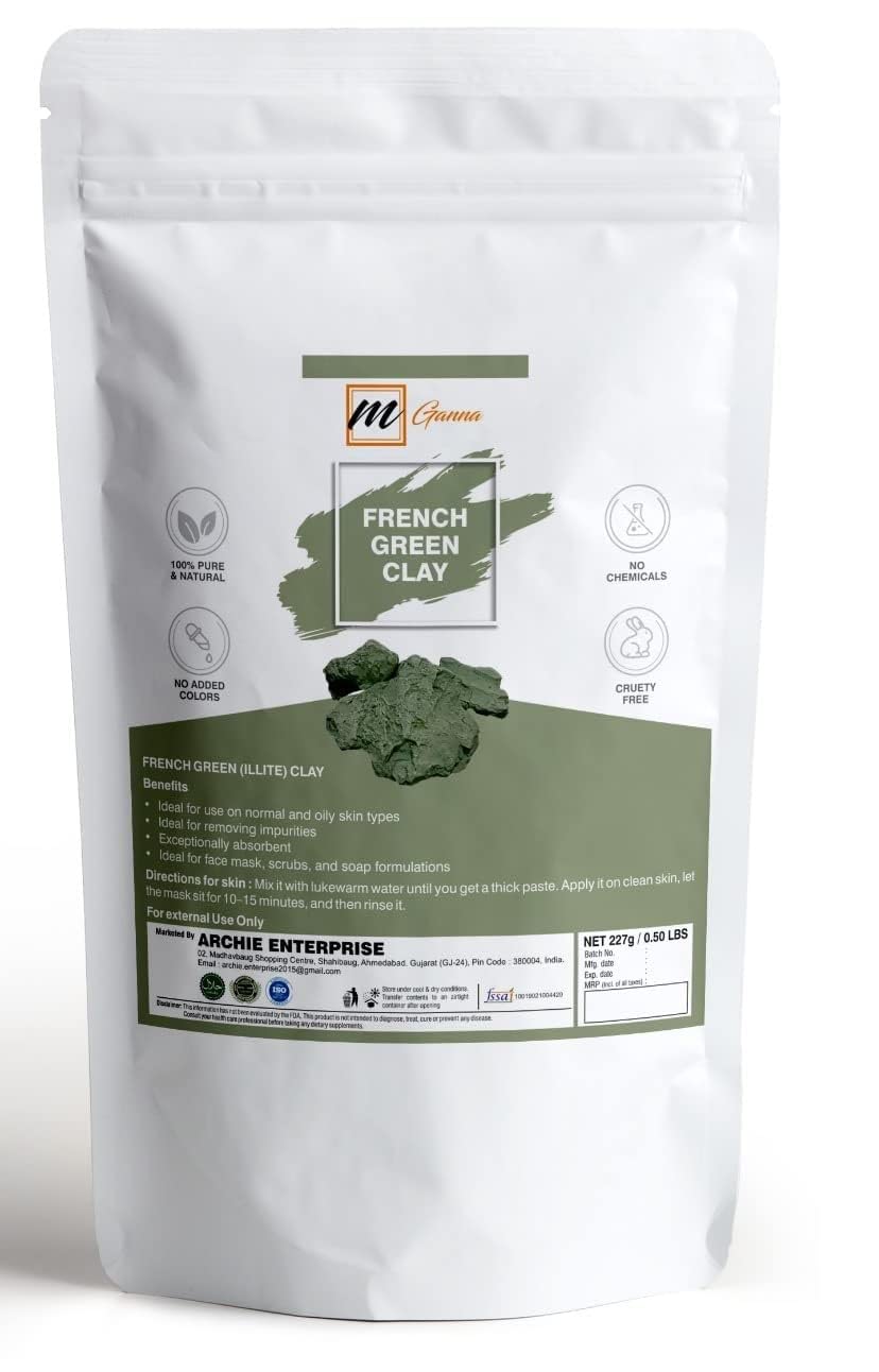 mGanna French Green Clay Powder 0.5 LBS | Illite Montmorillonite Clay for Facial Masks, Creams, Soft Peels and Scrubs, and Soap Making