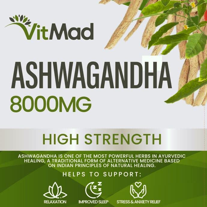 Vitmad Ashwagandha 8000mg, Pure High Strength Ashwagandha Root Extract Withanolides, Mood, Stress, Anxiety, 90 Vegan Capsules