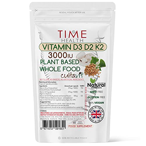 Vitamin D3, D2, K2, Natural Wholefood Plant Based 3000IU - Zero Additives - Pullulan (60 Capsule Pouch)