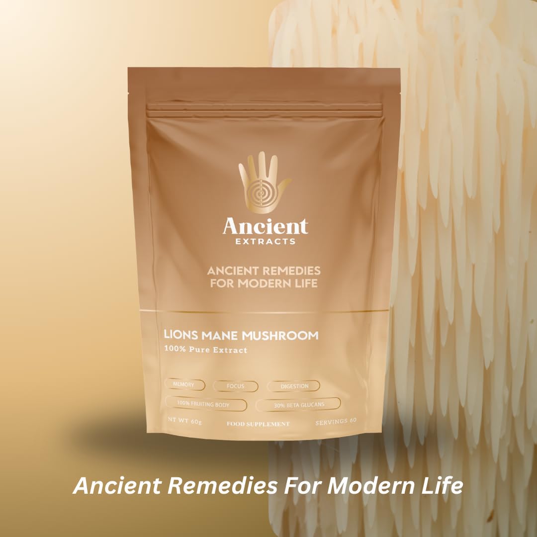 Ancient Extracts Lions Mane Mushroom Extract Powder - 2000mg Servings - GMO Free, Gluten Free, Vegan - Cognitive Function, Focus, Digestive Support - Superfood, Nootropic (60g)