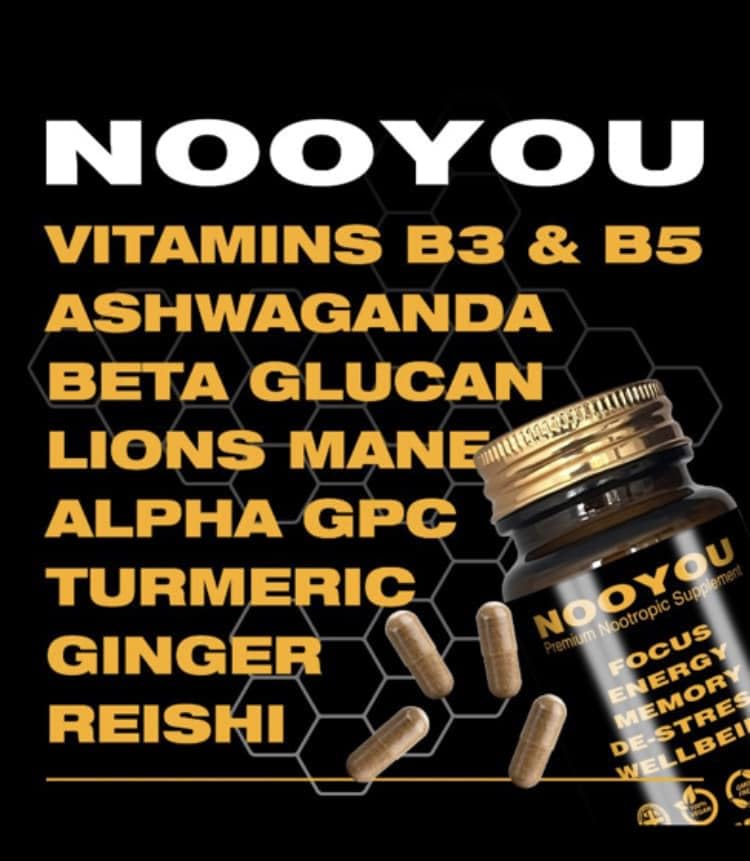 NooYou Nootropic Brain Supplement Mushroom Complex Increased Energy, Focus, Memory Wellbeing Formula Alpha GPC, Lions Mane, Ashwagandha, 60 Capsules