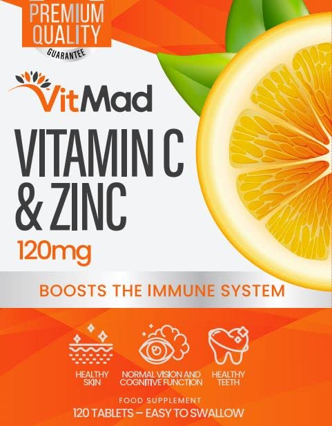 Vitmad Vitamin C (100mg) and Zinc (20mg) - 120 Tablets - Immune System Support - High Strength