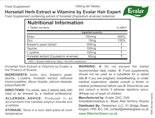 Evalar Expert Hair Horsetail Herb Equisetum Arvense Extract Siberian Altai w Vitamins 60 Tabs