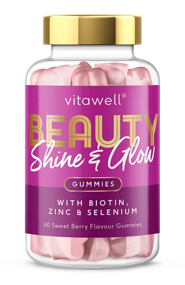 Vitawell Beauty Shine & Glow Gummies | Support for Hair Growth + Skin + Nails Vitamins Chews | Complex Formula Biotin, Zinc, Selenium & Vitamin E | 60 Sweet Berry Flavour | | Multivitamin Gummies