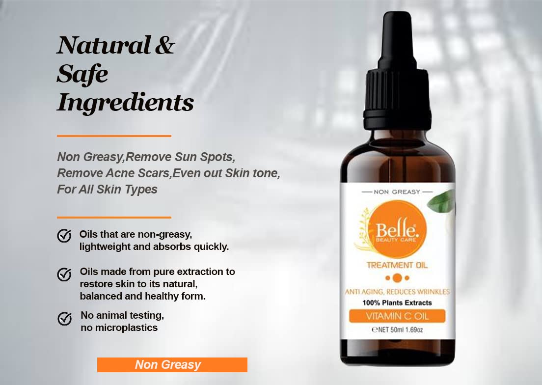 BELLE BEAUTY CARE Vitamin C Oil Non Greasy, Face Oils, Vitamin C Face Oil Treatment for Normal to Dry Skin 50mL1.69oz By BELLE