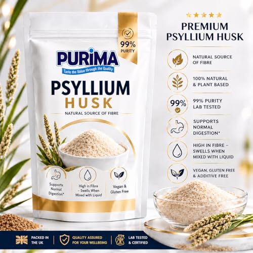 PURIMA Psyllium Husk 500g – 99% Purity Blond Whole Husks Flakes Bulk Soluble Natural Fibre for Baking Drinks Food Humans Eat Gut Laxatives Constipation Relief Digestive Aid Ispaghula Isabgol