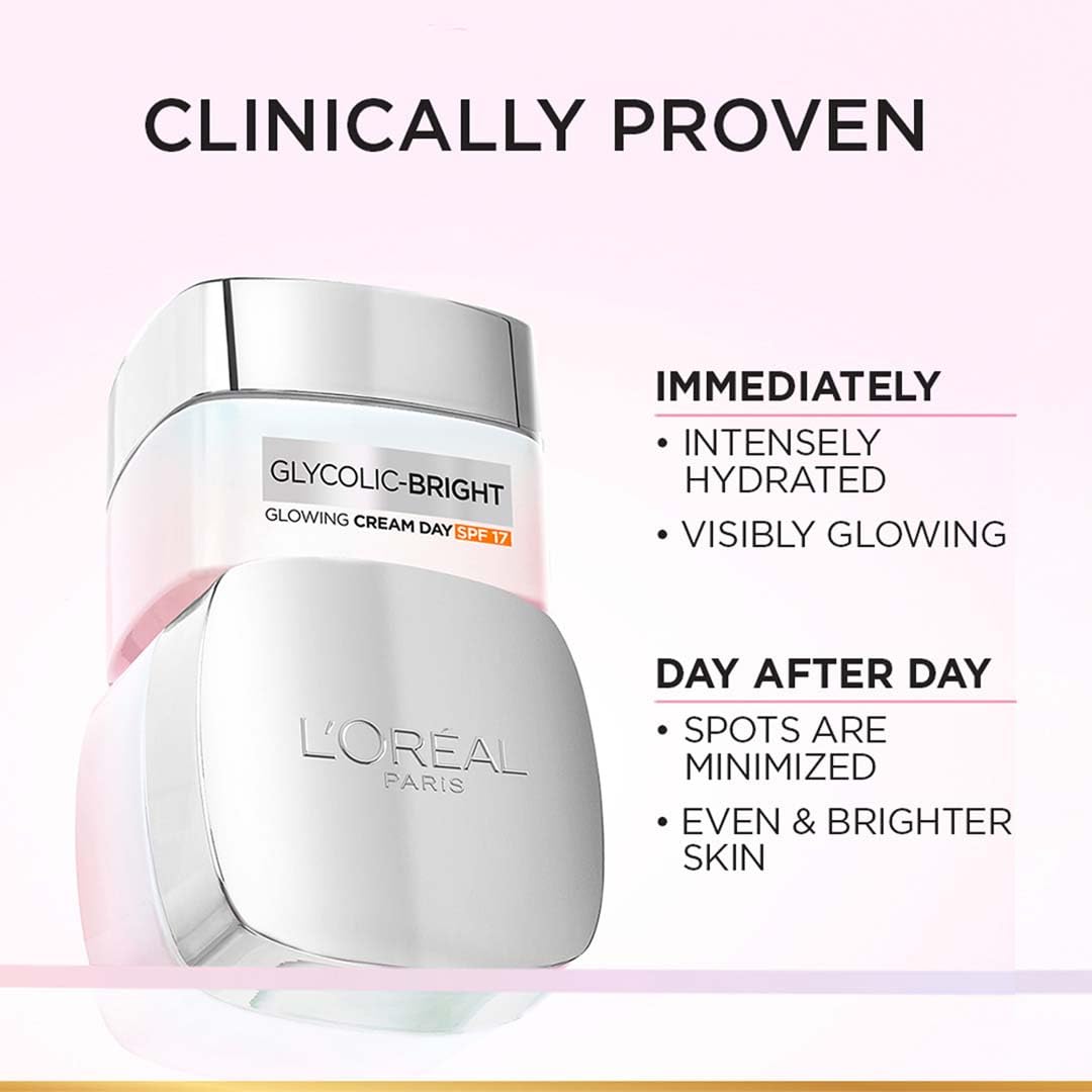 L'Oréal Paris Glycolic Bright Day Cream with SPF 17, 15ml |Skin Brightening Cream with Glycolic Acid that Visbily Minimizes Spots & Reveals Even Toned Skin