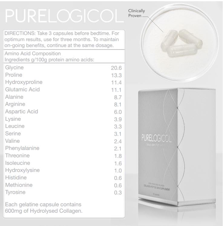 Purelogicol Collagen Tablets, Best Hydrolysed Protein Peptide Skin Supplement - 90 x Collagen Capsules x 800mg
