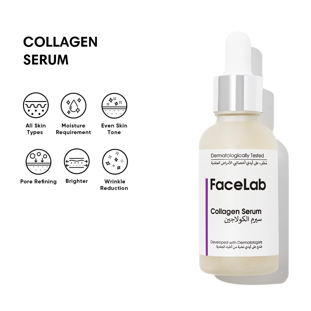 FaceLab Collagen Serum, Anti-Aging Formula, Reduces Wrinkles and Sagging, Moisturises and Softens Skin, Antioxidant Protection, for All Skin Types, 30ml
