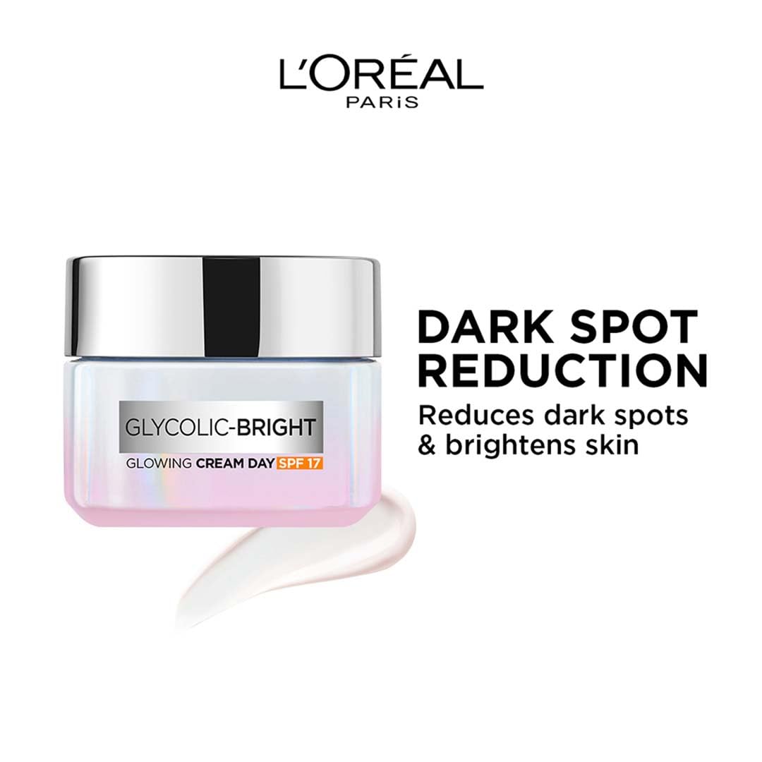 L'Oréal Paris Glycolic Bright Day Cream with SPF 17, 15ml |Skin Brightening Cream with Glycolic Acid that Visbily Minimizes Spots & Reveals Even Toned Skin