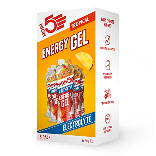 HIGH5 Energy Gels with Electrolytes - Quick Release Sports Gels for Peak Performance - Natural Fruit Juice & Caffeine-Free - Energy Boost for Running, Cycling, Endurance (Tropical, 5 x 60g)