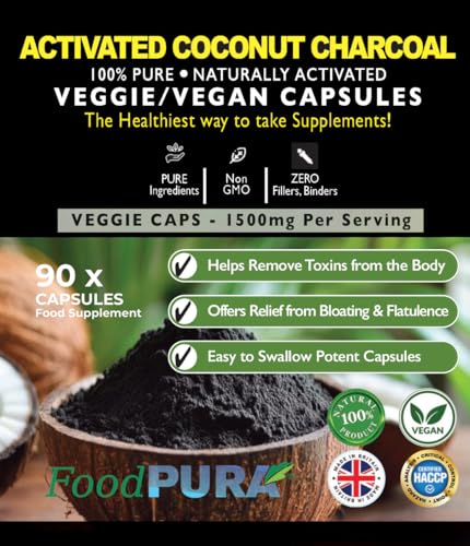 FoodPURA Coconut Activated Charcoal Capsules 1500mg x 90 100% Natural Vegan Digestive Supplement Reduces Bloating & Flatulence After Eating