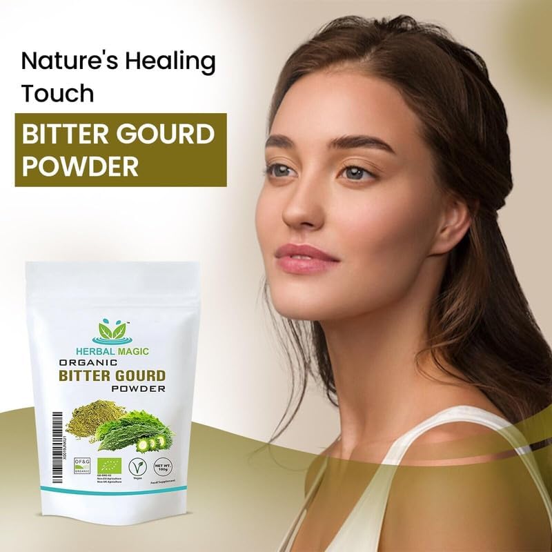 Herbal Magic's Organic Bitter Gourd Powder-Great Green Vegetable-Also Known as Karela, Bitter Melon,Balsam-pear. Free from Fillers & Preservatives- of&G UK Organic Certified- 100g (Pack of 3)