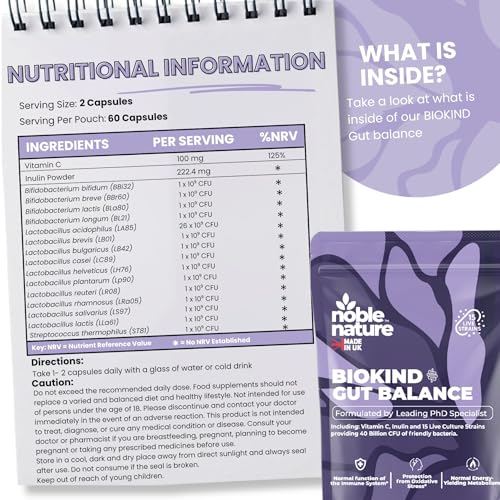 NobleNature Noble Nature Biokind Gut Balance – 40 Billion CFU Friendly Bacteria - Bio Cultures Complex Probiotics - 15 Strains - Lactobacillus & Bifidobacterium for Gut, Immune & Digestive Health (60)